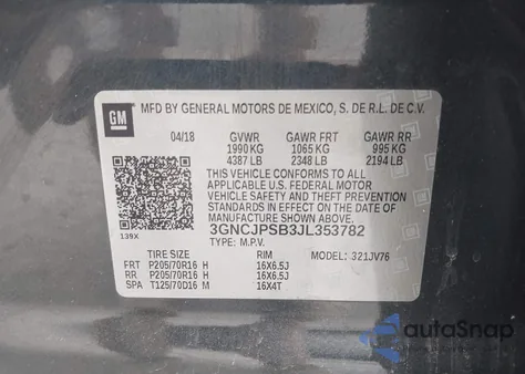 2018 Chevrolet Trax Lt from USA, damaged, VIN 3GNCJPSB3JL353782